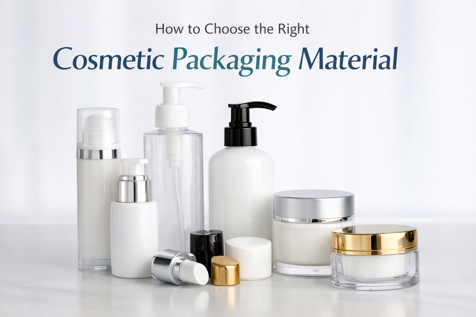 1775649859707061.png Cosmetic packaging materials including airless bottles, lotion bottles, cream jars, pumps, and caps used for skincare packaging selection