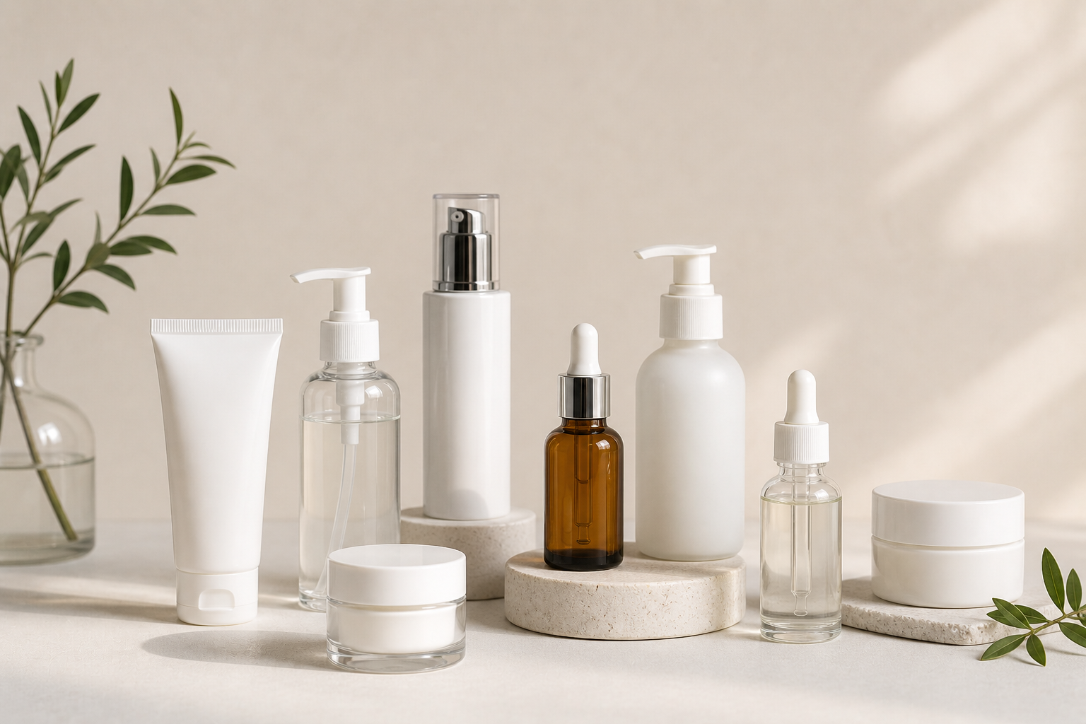 minimalist cosmetic packaging set including bottles jars and droppers for skincare products