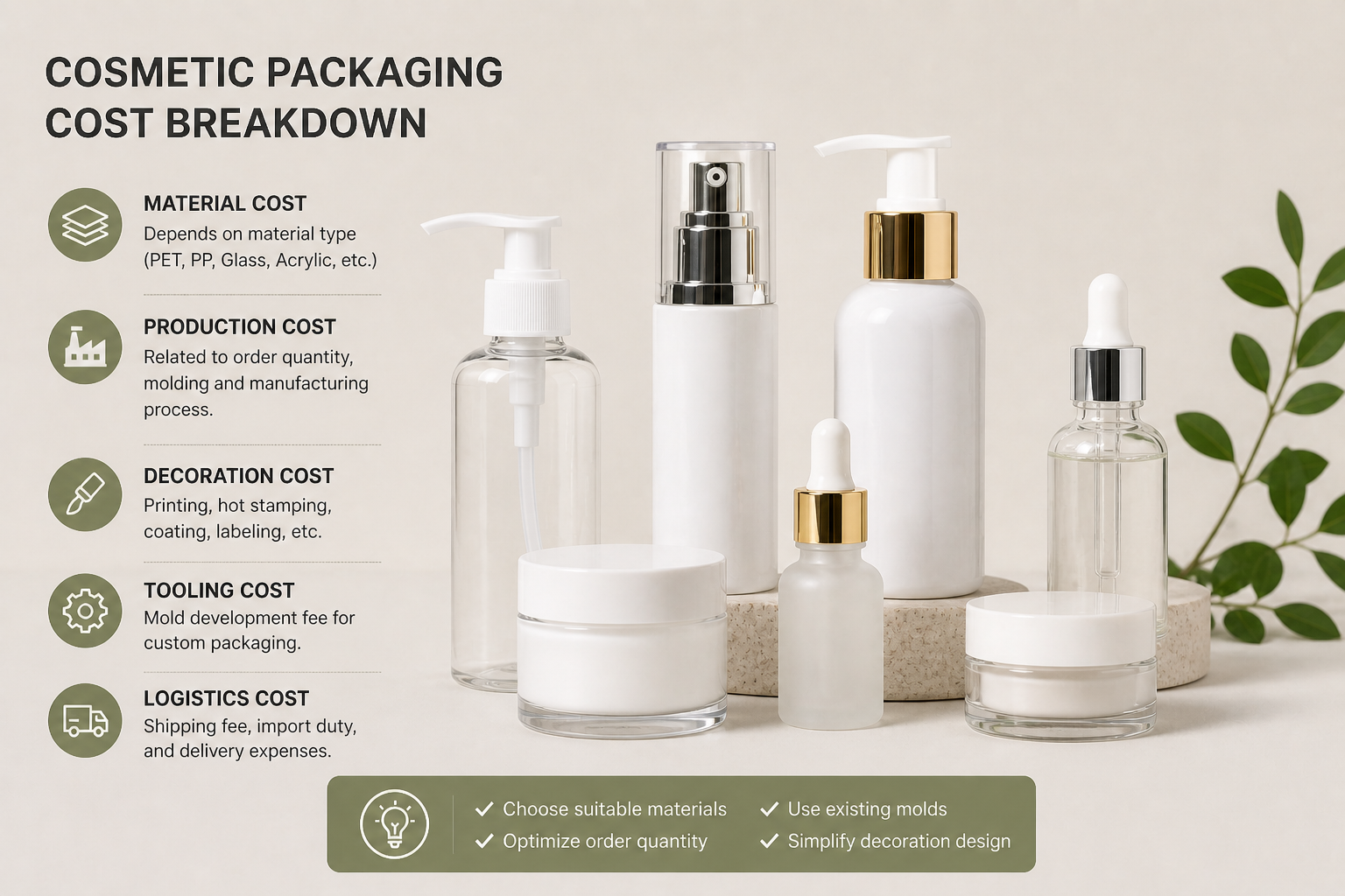 cosmetic packaging cost breakdown for bottles jars and skincare containers