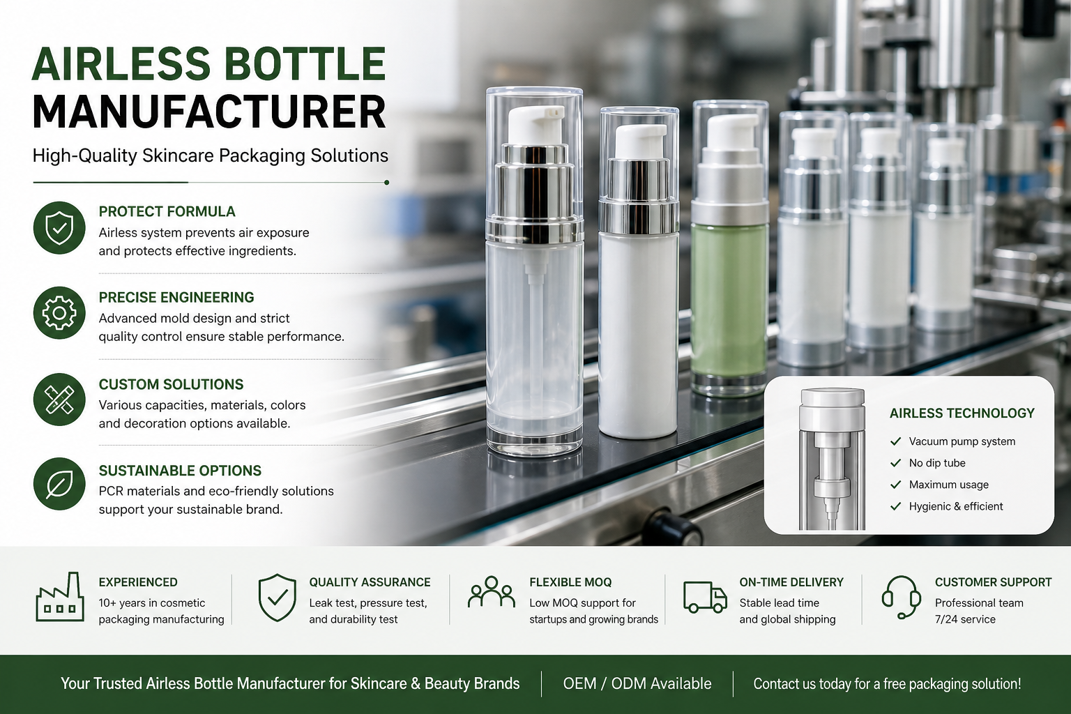 airless bottle manufacturer producing skincare packaging with vacuum pump system
