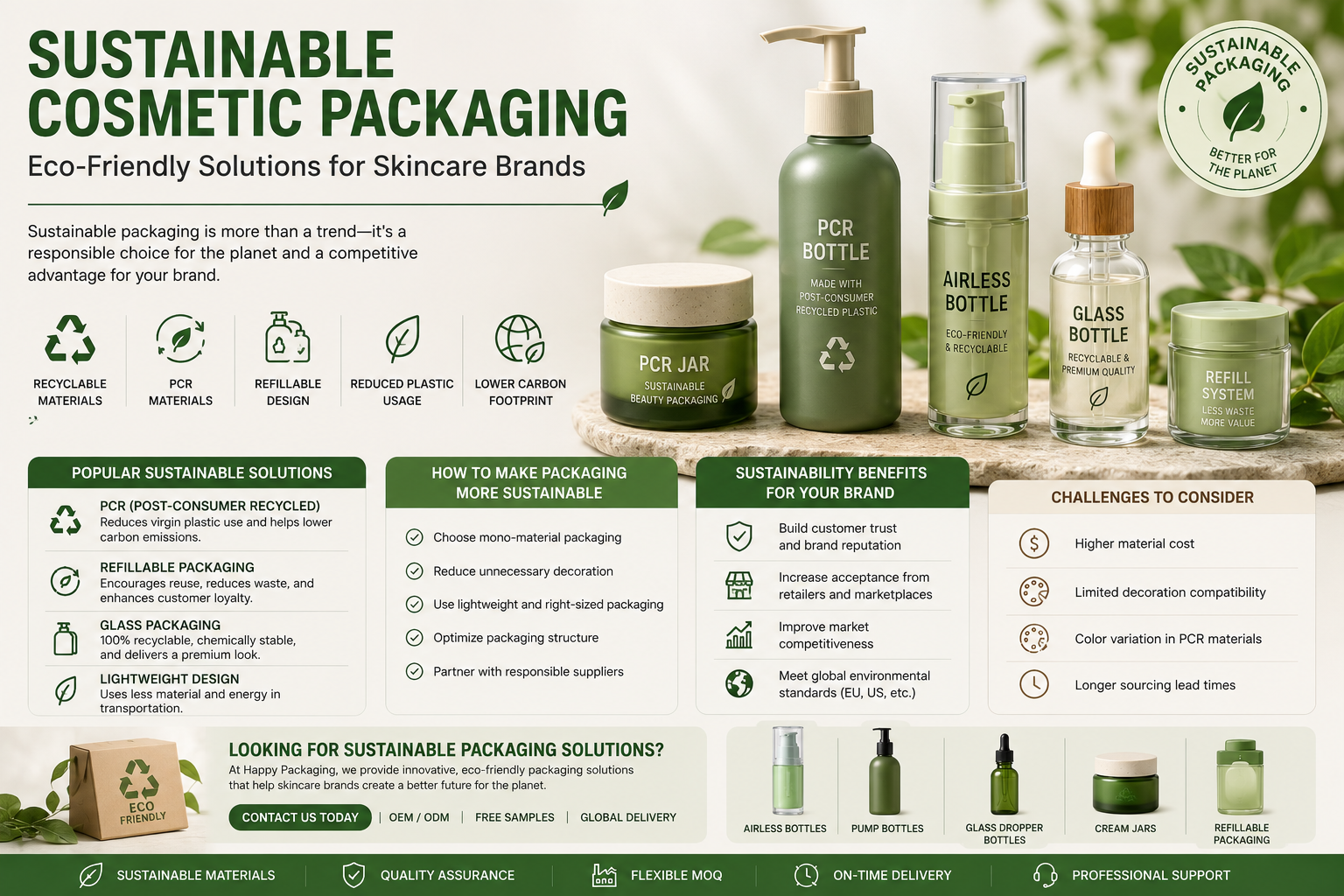 sustainable cosmetic packaging with PCR bottles jars and eco friendly skincare containers