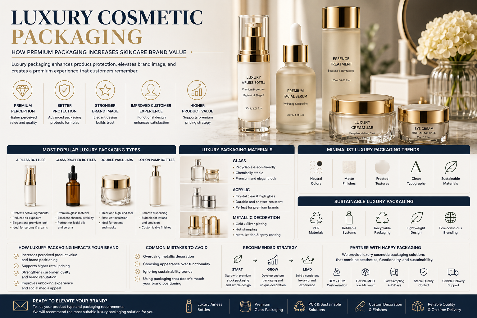 luxury cosmetic packaging with premium skincare bottles jars and glass containers
