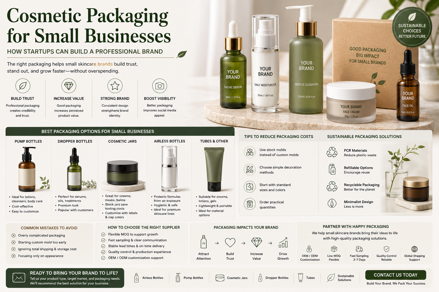 cosmetic packaging solutions for small skincare businesses with bottles jars and airless containers